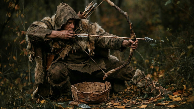 A man wearing a hood and furs aims a bow in a forest, illustrating hunting in the context of what cavemen ate.