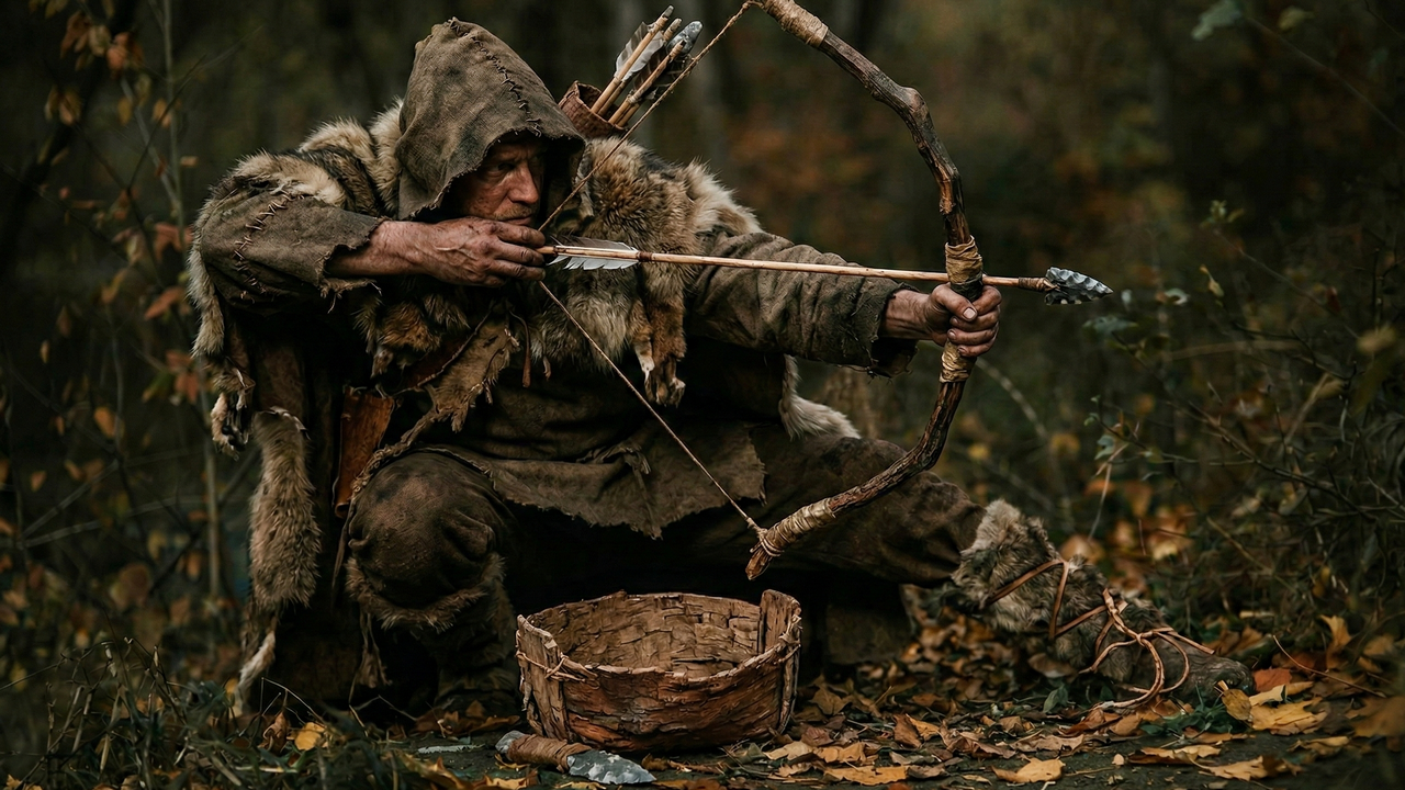 A man wearing a hood and furs aims a bow in a forest, illustrating hunting in the context of what cavemen ate.