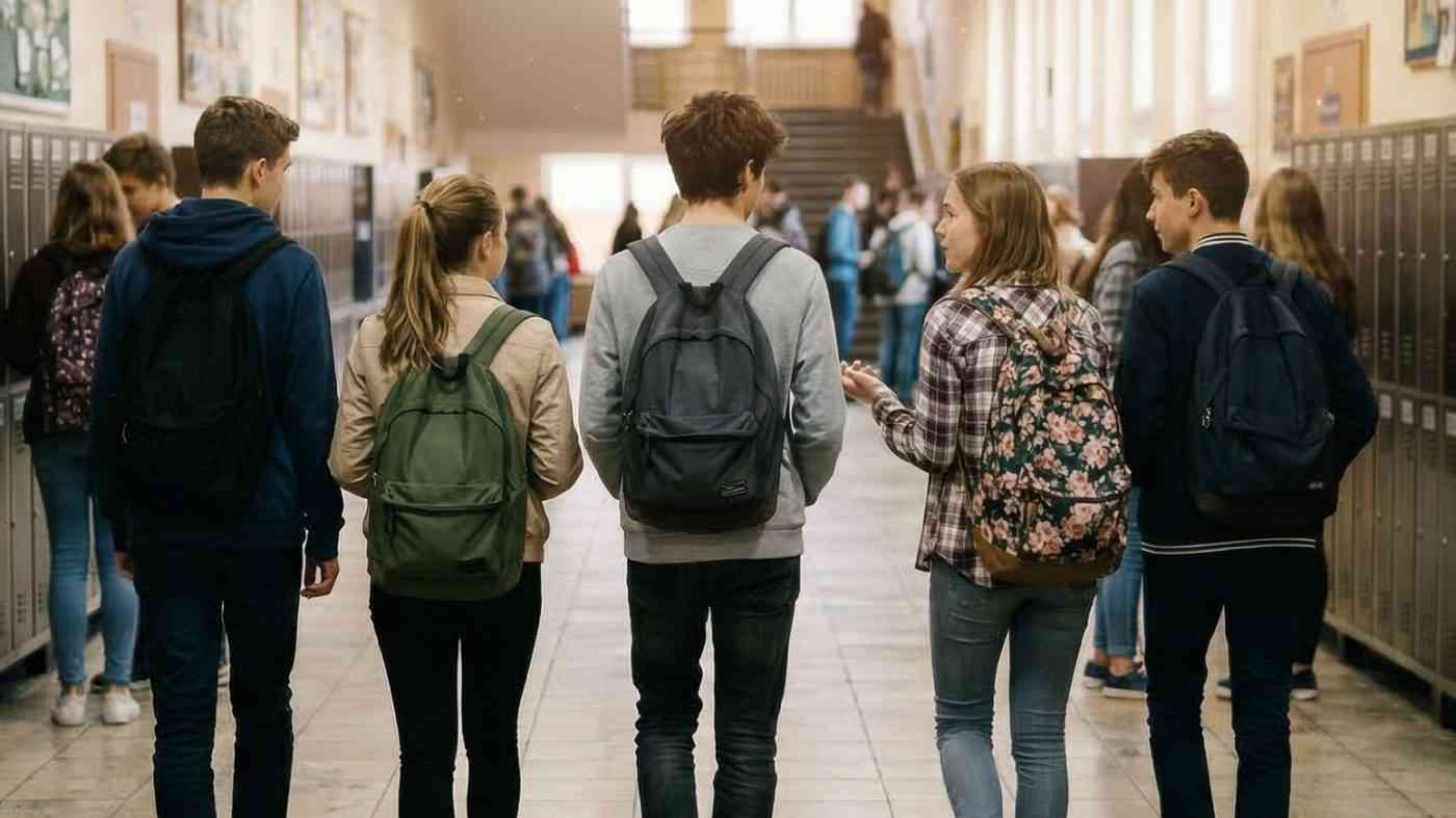 Five students with backpacks walk down the corridor of a typical Polish school, an arena of struggles over the best education system for the child’s well-being.