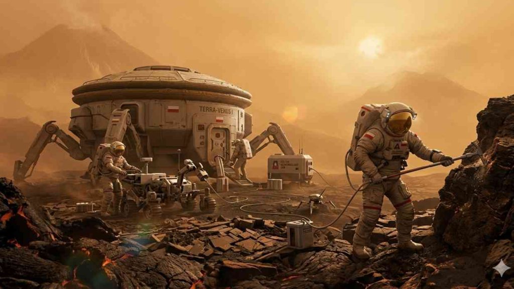 Astronauts working at a base on an alien planet — a vision of a future where space exploration and interplanetary travel become everyday life.