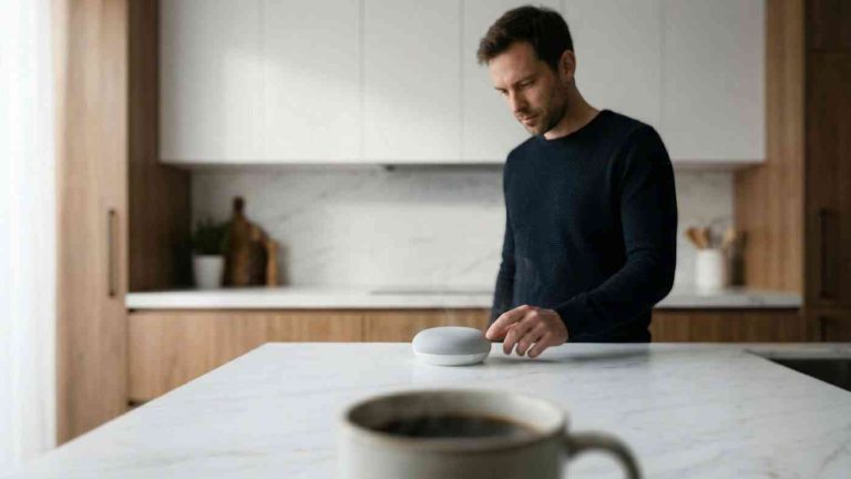 A man in a minimalist kitchen gives a command to a smart speaker, with a cup of coffee beside him; the image illustrates how the language of artificial intelligence influences the way we speak.