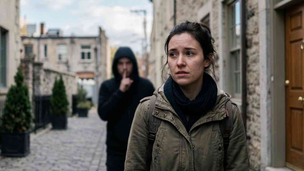 A woman with an uncertain gaze gives in to the pressure of silence, which paralyzes her and leaves her unsure of how to be assertive.