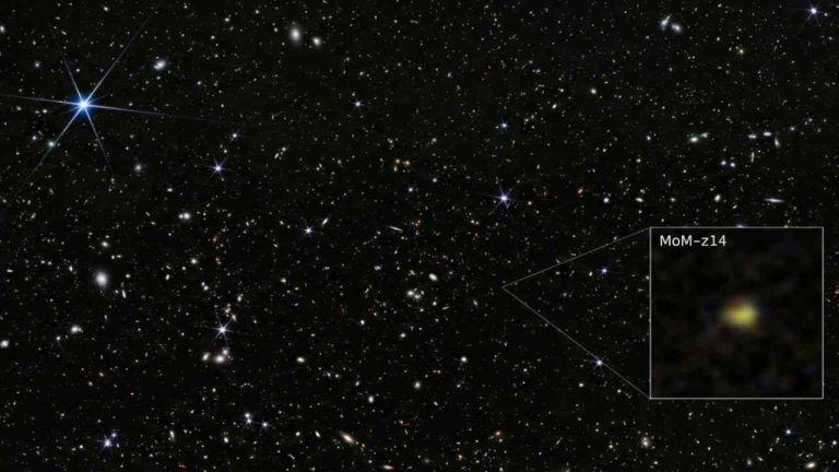 a newly discovered galaxy from the dawn of the Universe captured against the darkness of space