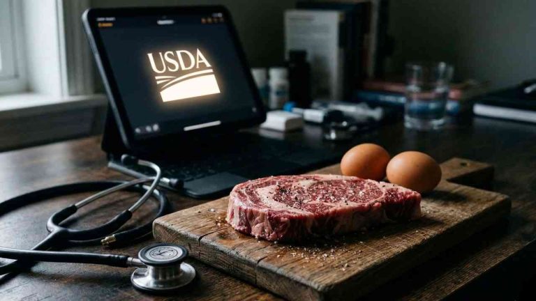 Raw ribeye steak, fresh eggs, and a doctor’s stethoscope on a dark countertop next to a tablet displaying the USDA logo, which promotes the new food pyramid.