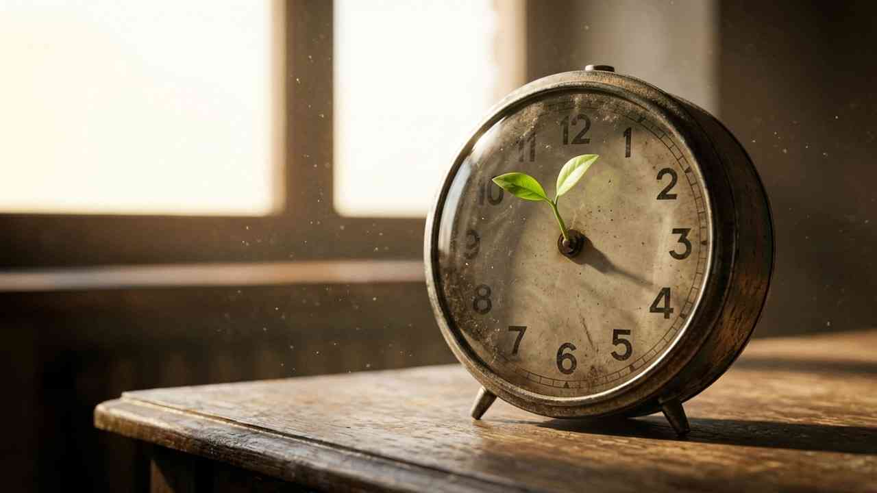 An old clock with a sprouting plant, symbolising recovery from the trauma of toxic productivity.