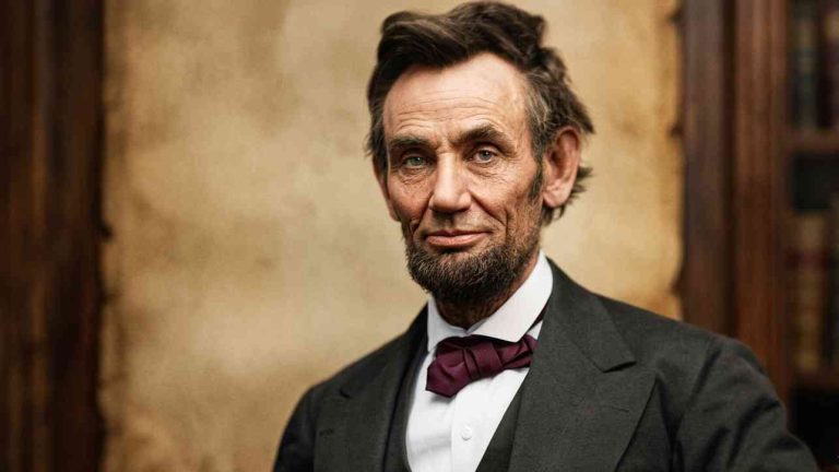AI-colorized photo of Abraham Lincoln, a medium close-up portrait of a man who set an example of how to achieve success