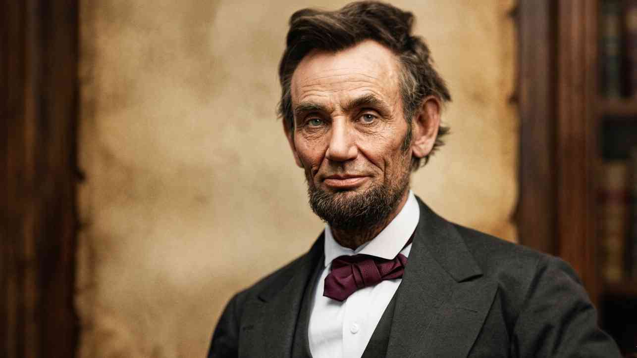 AI-colorized photo of Abraham Lincoln, a medium close-up portrait of a man who set an example of how to achieve success