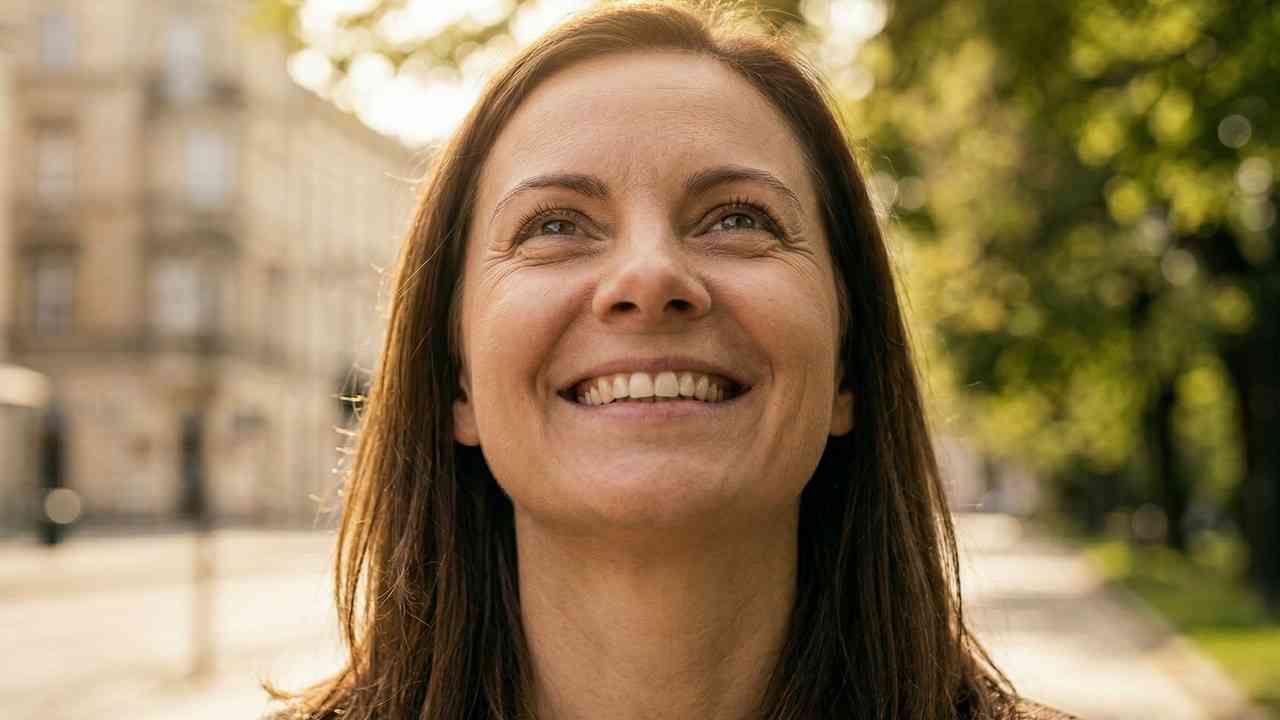 A portrait of a smiling woman gazing hopefully toward the sun in a city park, illustrating the practice of appreciating the little things.
