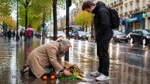 An elderly woman gathers spilled groceries on a wet pavement while a young man standing nearby hesitates over whether to help — an everyday moment that reveals how empathy works, how the bystander effect takes hold, and how much small acts of kindness matter.