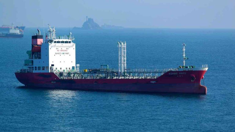 An oil tanker at sea. Drones, war and trade in relation to global transport routes