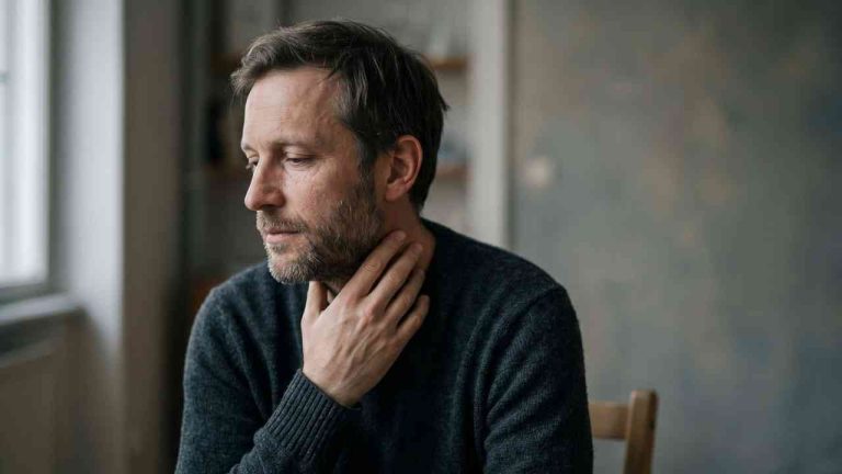A middle-aged man with a pensive, sensitive expression, holding his hand to his throat in a gesture of quiet reflection, illustrating the theme of men’s emotional sensitivity.