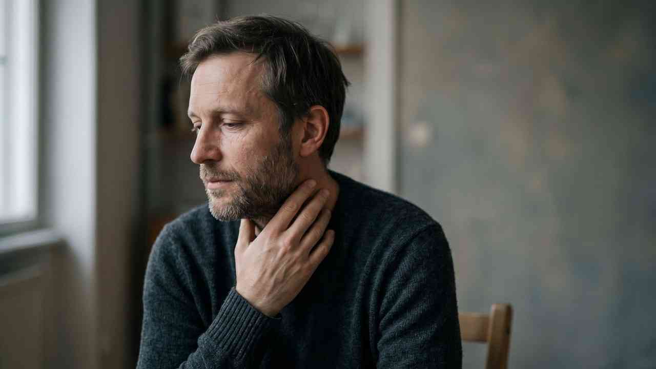 A middle-aged man with a pensive, sensitive expression, holding his hand to his throat in a gesture of quiet reflection, illustrating the theme of men’s emotional sensitivity.