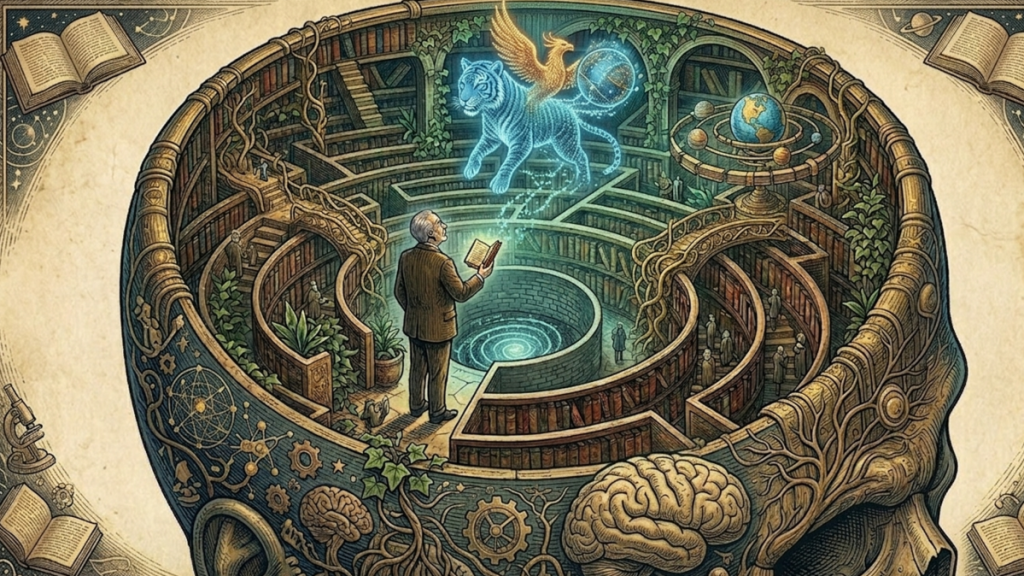 A man with a book inside a human mind that looks like a library.