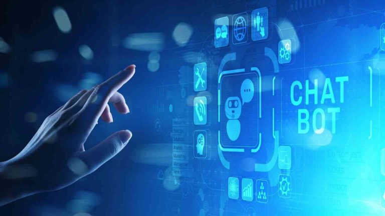 The image depicts a human hand touching a vertical console display, with the word chat glowing on the interface—a quiet visual testament to the insidious reality of AI data leakage.