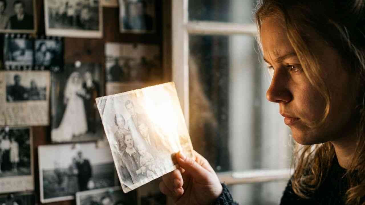 The photo shows a woman looking at a photograph, with a wall of pictures in the background.