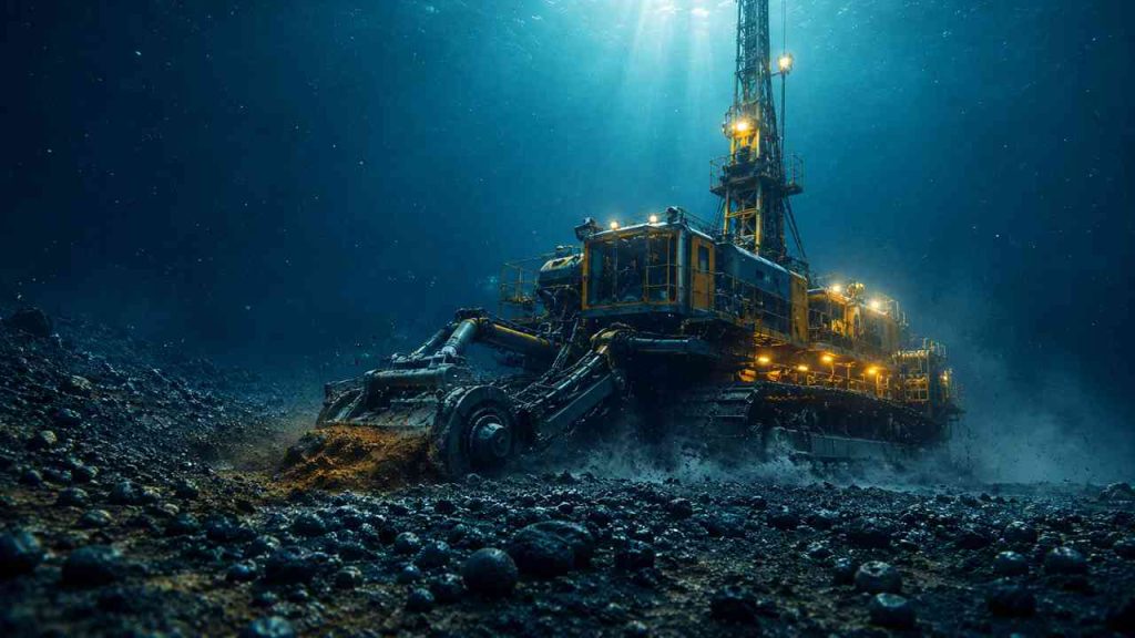 Visualization: a mining machine on the ocean floor during deep-sea mining. Polymetallic nodules and seabed metals are identified as potential raw materials for batteries, energy storage, and the green transition.