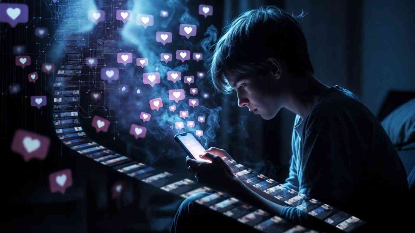 A symbolic image of a young person lost in a sea of dating profiles, trying to find love online.