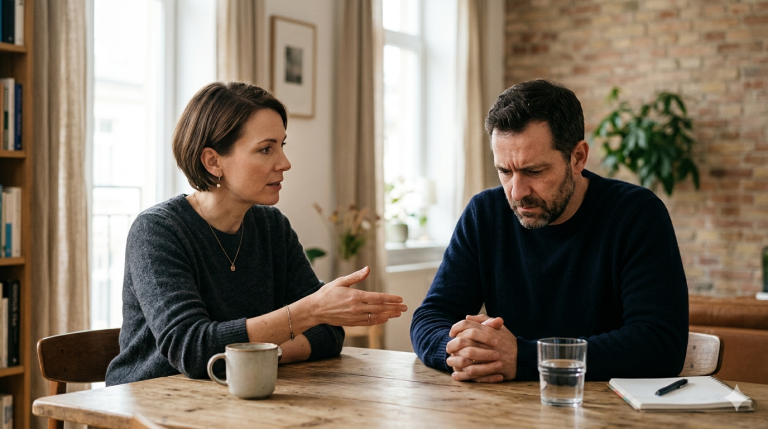 Two people during a difficult conversation about emotions and relationships. The image symbolises a situation in which one must recognise how to respond to criticism, where the boundaries of good criticism lie, and how to tell whether another person’s words are helpful advice or an attack.