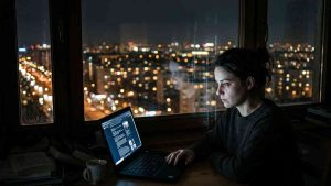 A woman works at night on a laptop against the backdrop of a brightly lit city. The image symbolises the end of the shared internet, digital spheres of influence, and a controlled internet.