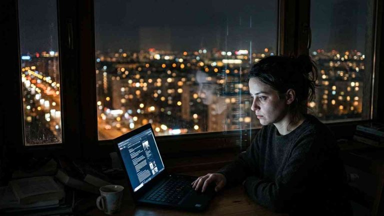 A woman works at night on a laptop against the backdrop of a brightly lit city. The image symbolises the end of the shared internet, digital spheres of influence, and a controlled internet.