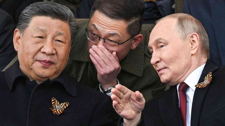 Xi Jinping and Vladimir Putin talk during a parade in Beijing. The image illustrates the question of how to live longer and cheat aging.