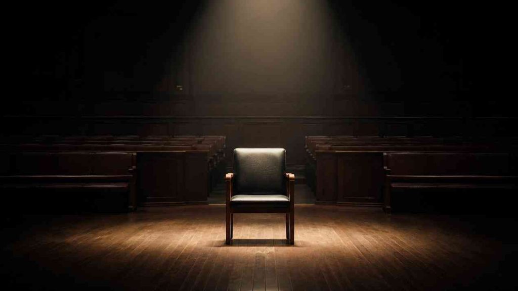 A lone chair illuminated by a spotlight in an empty courtroom symbolises a moment of moral judgment. It is an image of the tension between the pressure of the crowd and conscience, showing what the price of truth can mean for a human being and how much fidelity to one’s convictions may cost.