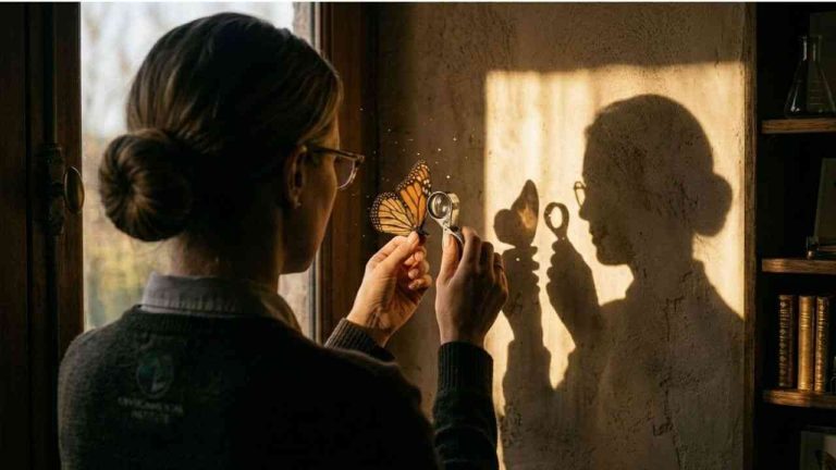 Behind the looking glass, a woman studies a butterfly through a magnifying lens, her silhouette cast deep upon the wall to heighten this sense of peering into the arcane designs of nature. It is an image that perfectly mirrors our changing understanding of evolutionary mechanics. Within the delicate architecture of lepidopteran wings, biology has preserved a hidden script—a profound testament to how nature revives its ancient blueprints across a span of countless millennia.