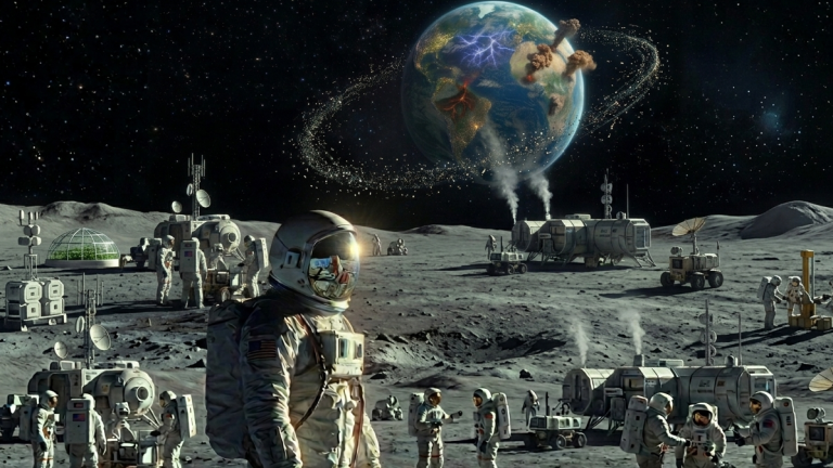 Astronauts on the Moon with Earth in the background, and questions about the new space race.