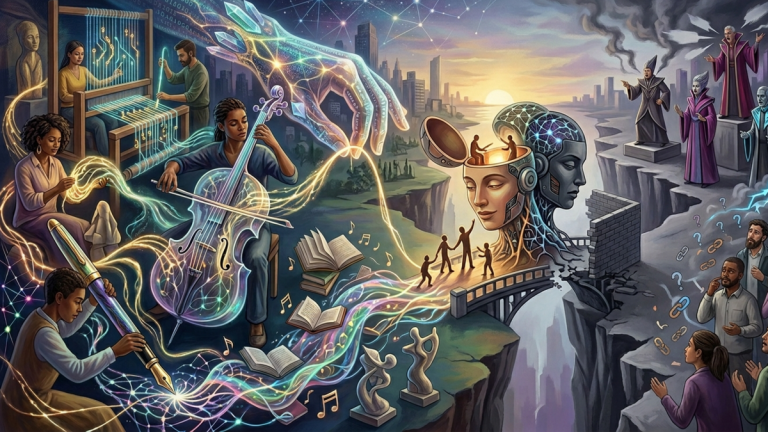 Graphic showing creators using AI, the debate surrounding it, and the human being as the source of creativity, symbolizing artificial intelligence as an instrument of imagination.
