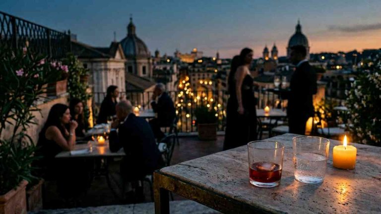 An evening terrace in Rome overlooking the city forms the backdrop for Michał Dziuda’s essay on the fragility of life, transience, and the illusion of safety. The warm glow of a candle, conversations at the tables, and the city panorama contrast with a reflection on how thin the line can be between comfort and the experience of suffering.
