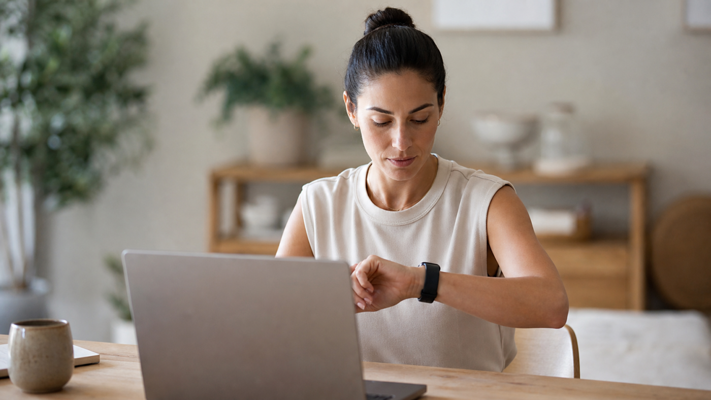 A woman at her computer checks an app on her smartwatch, illustrating the question of what biohacking looks like in everyday life.
