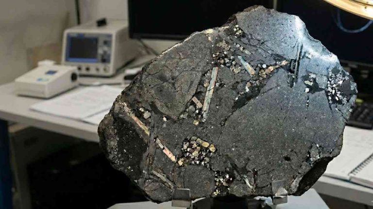 A black meteorite resembling one from the Sahara, with a white desktop computer in the background.