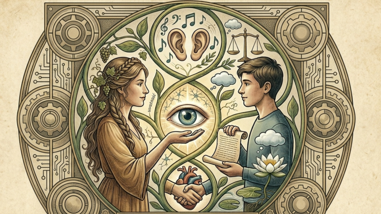 An illustration symbolically depicting nonviolent communication: a conversation between 2 people.