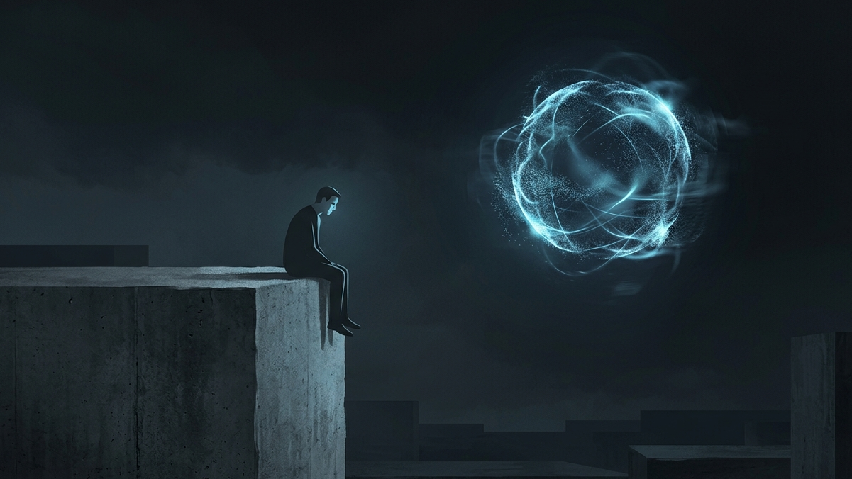 A weary man sitting on a concrete monolith and gazing at a glowing quantum sphere of energy, symbolizing the connection between quantum physics and spirituality.