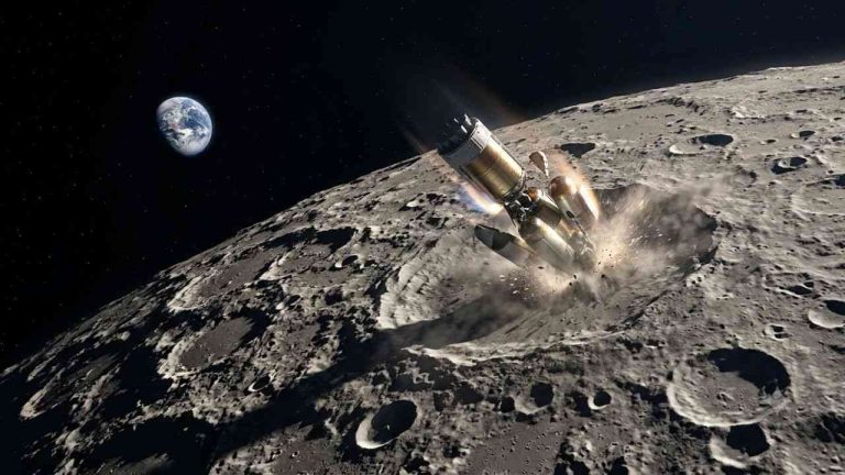 A rocket strikes a space object, depicting the Falcon 9 collision with the Moon, while Earth can be seen in the distance against a black background.