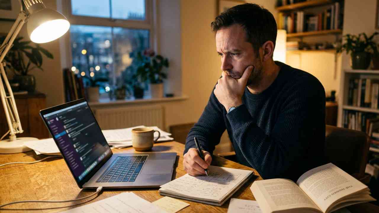 The photo shows a person using a laptop while also taking notes and reaching for a book. It is a strong image for the theme of AI and human judgment: artificial intelligence can provide quick answers, but it does not relieve us of the need to doubt and verify facts.