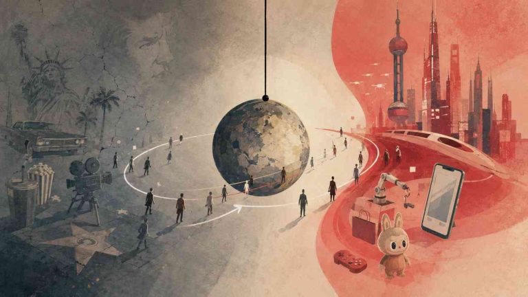 Symbolic China vs. US rivalry: fading US soft power with Hollywood and the Statue of Liberty, and rising Chinese soft power with technology, rail, and Labubu.