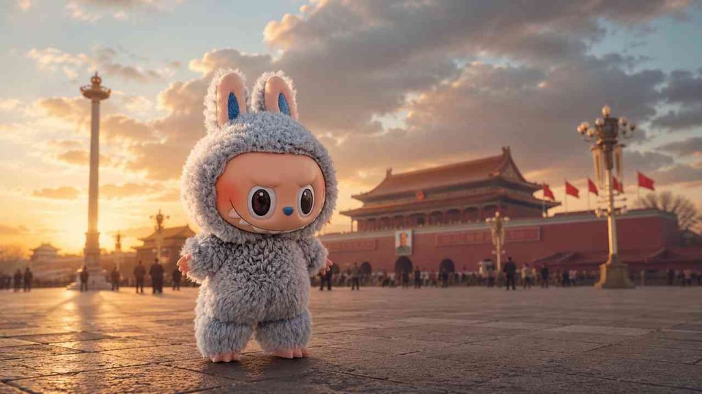 A plush Labubu toy set against the backdrop of Tiananmen Square in Beijing, symbolizing China’s growing soft power.
