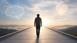 A person standing on a bridge between the symbol of a brain and a heart, as a metaphor for an intelligence test and wisdom.