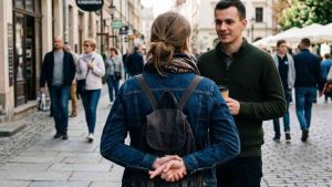 A couple talking to each other, with the woman crossing her fingers behind her back, symbolizing lies in interpersonal relationships.