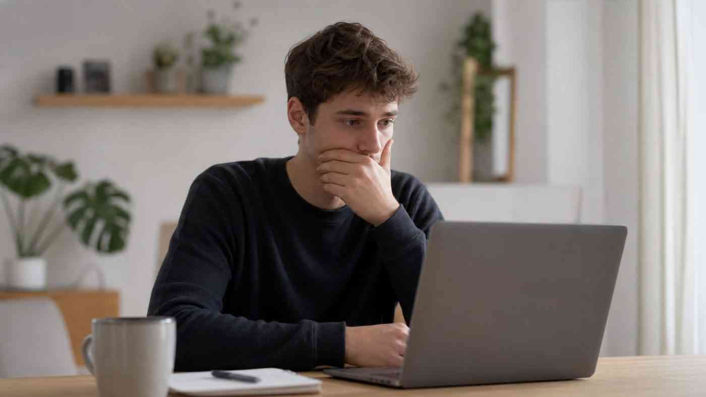 A man sitting at a computer, covering his mouth with his hand for fear of penalties for using profanity.