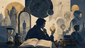 An alchemist studies the elixir of life among books and symbols from different eras, wondering whether it is worth living forever.