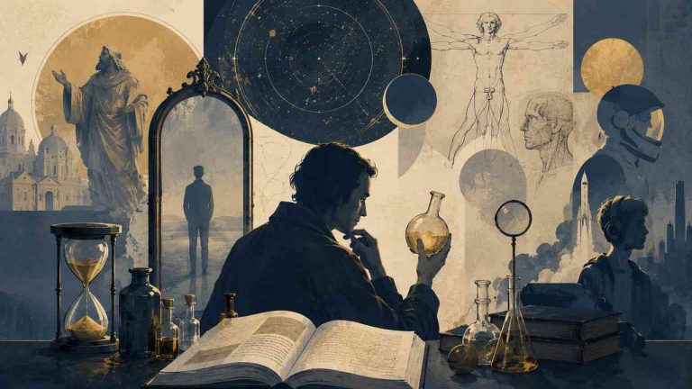 An alchemist studies the elixir of life among books and symbols from different eras, wondering whether it is worth living forever.