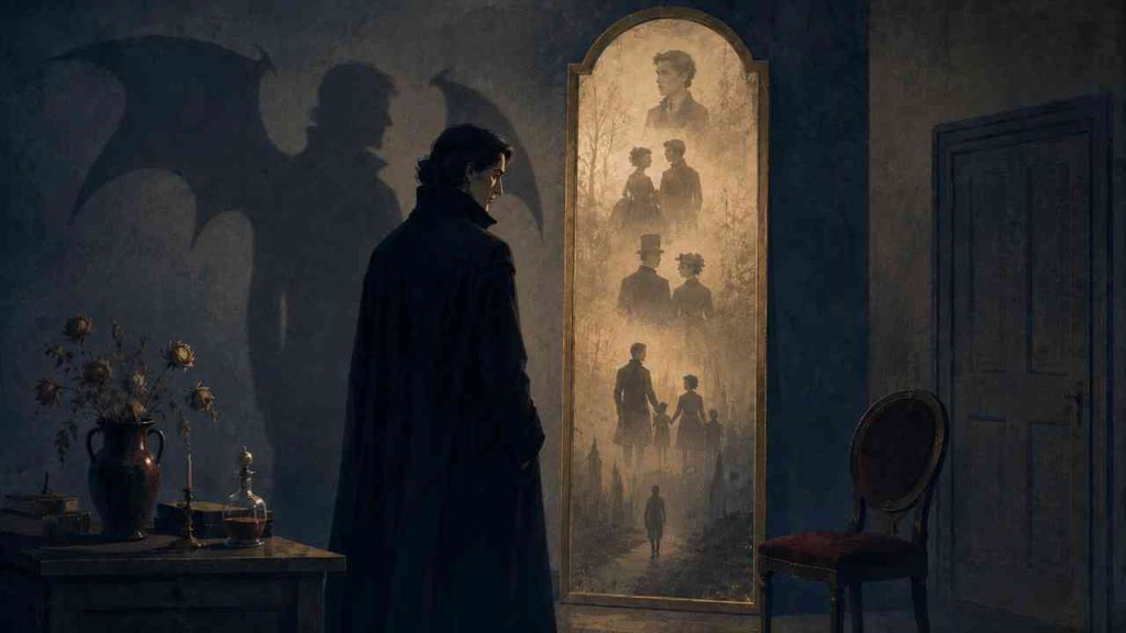 A lonely immortal watches the reflections of successive generations of loved ones passing away in a mirror.