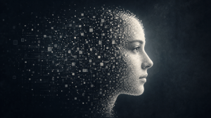 A human face built from disintegrating pixels, illustrating the problem of truth in the age of AI.
