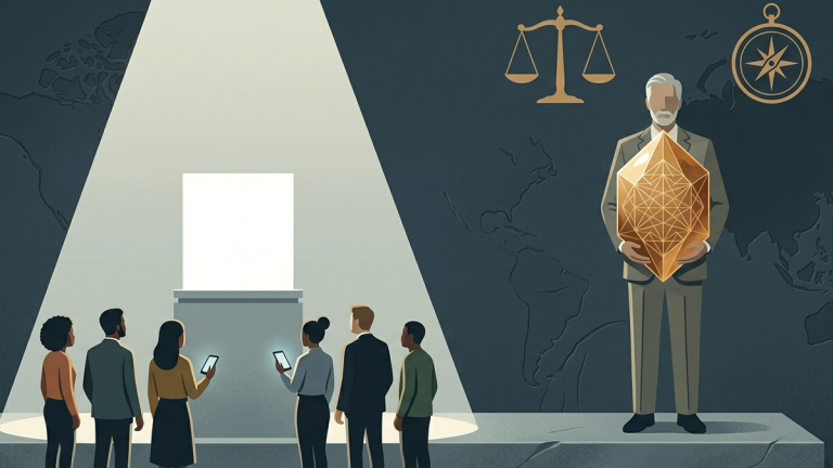 Young people absorbed in technology beside a statue of a mature adult, visually illustrating the undervaluing of older people.