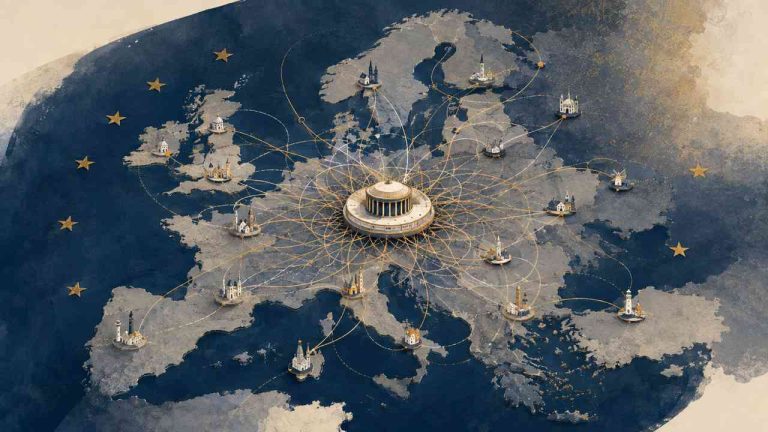 A map of Europe connected by a network to a central institution — a symbol of the EU crisis and the dispute over centralization.