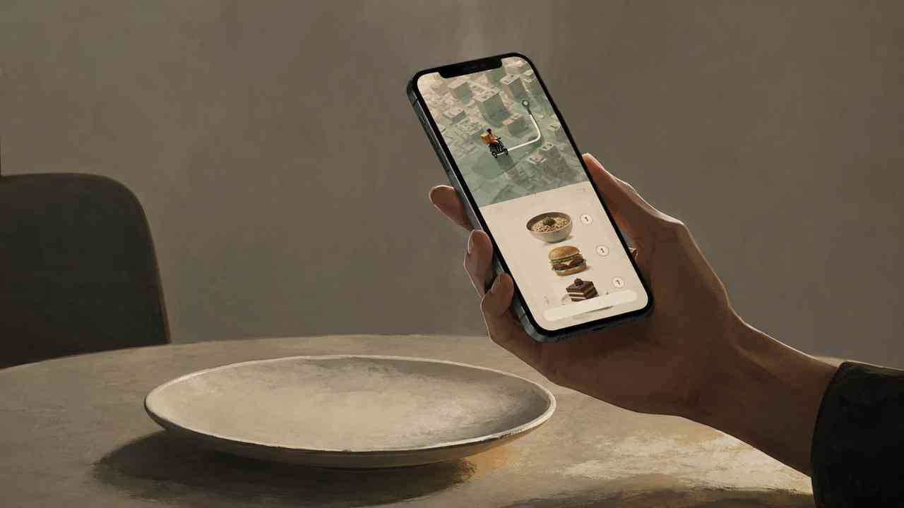 A smartphone with a food-ordering app hovers above an empty plate. The illustration depicts pretend shopping and the mechanism of “shopping without buying,” in which the user tracks a virtual courier while knowing the food will never arrive. The image also symbolizes the psychology of online shopping: the pleasure of choosing, anticipating, and filling a cart without any real payment or delivery.