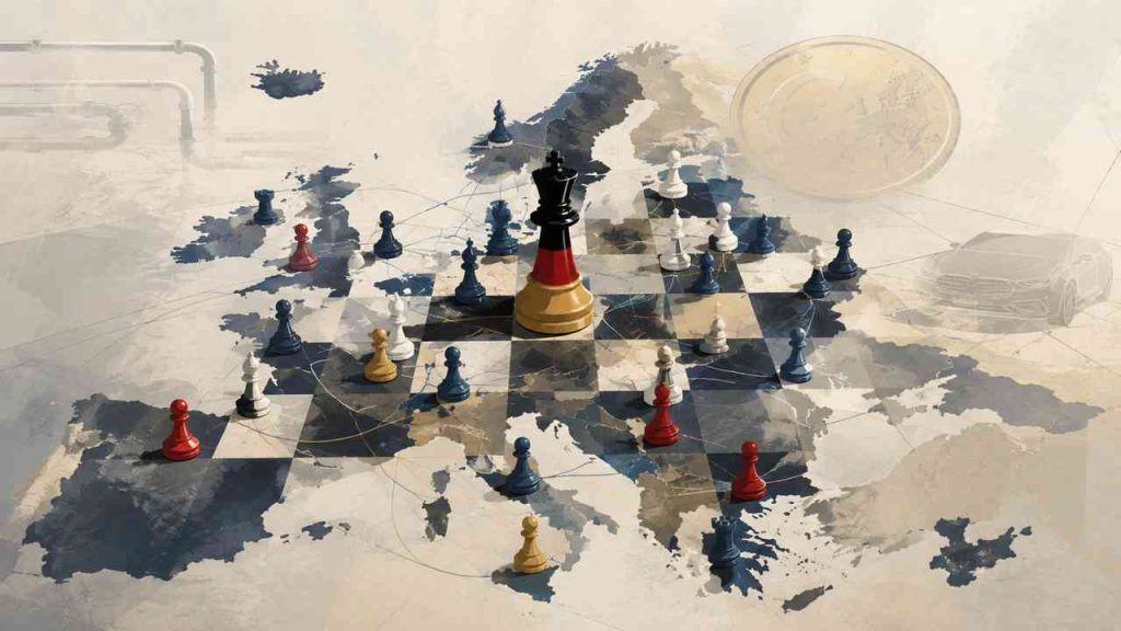 Does Germany rule the EU? A symbolic chessboard portrays Germany in the EU as the strongest player, though its moves remain constrained by other states, coalitions, and common rules. A gas pipeline, the euro, and a car allude to disputes over Nord Stream 2, the eurozone, and automotive policy. The image poses the question of who governs the Union and shows that Berlin’s advantage does not amount to full control over the European game.
