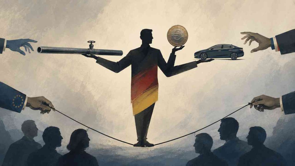 Does Germany rule the EU? The illustration shows Germany in the EU trying to keep a balance between energy policy, the common currency, and the automotive industry, while other European players influence its decisions. It is a symbolic take on the question of who governs the Union and how Berlin’s considerable power collides with coalitions, procedures, and the interests of the other member states.
